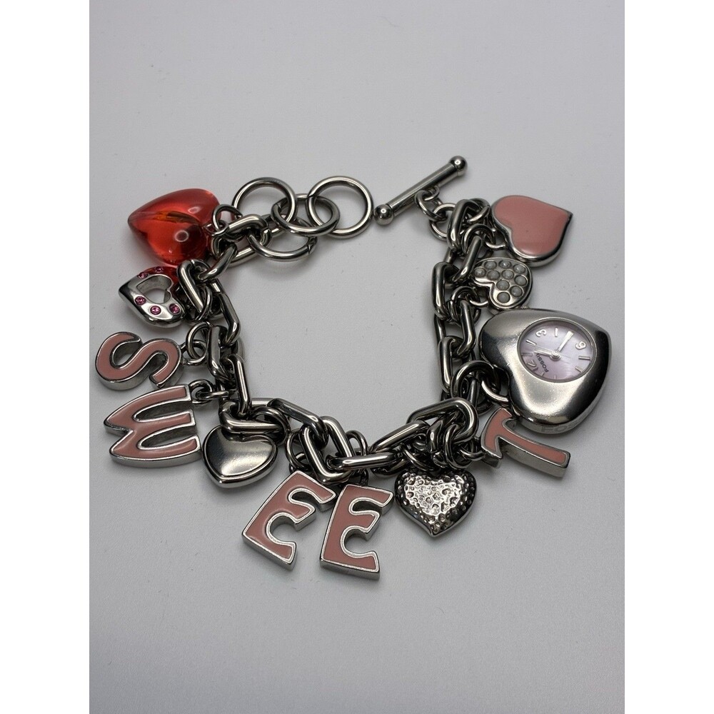 Working Fossil Silver “SWEET” Heart Charm Watch Bracelet Pink Rhinestone
